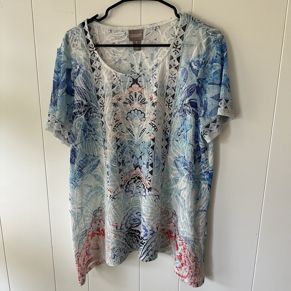 Chico's Sheer Tunic Top Size 3 Large Blue Paisley Floral Lightweight Blouse NWT
